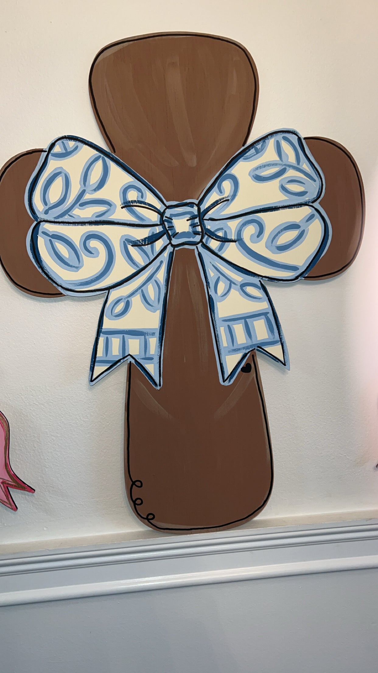Hand-Painted Cross Door Hanger – Blue Bow Design