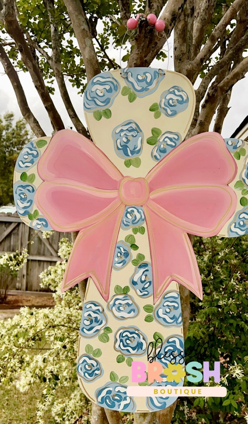 Coquette Pink Bow Floral Cross Door Hanger