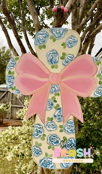 Coquette Pink Bow Floral Cross Door Hanger